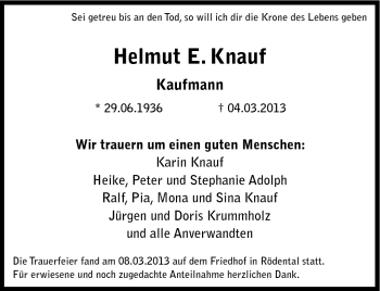 Traueranzeige von Helmut E. Knauf von Neue Presse Coburg