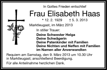 Traueranzeige von Elisabeth Haas von Frankenpost