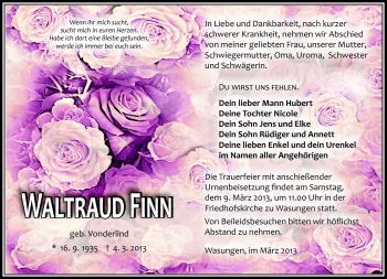 Traueranzeige von Waltraud Finn von Südthüringer Presse