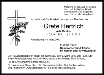 Traueranzeige von Grete Hertrich von Frankenpost
