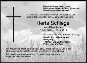 Traueranzeige von Herta Schlegel von Frankenpost