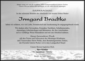 Traueranzeige von Irmgard Bradtke von Südthüringer Presse