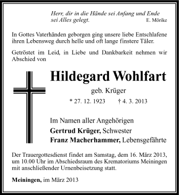 Traueranzeige von Hildegard Wohlfart von Südthüringer Presse