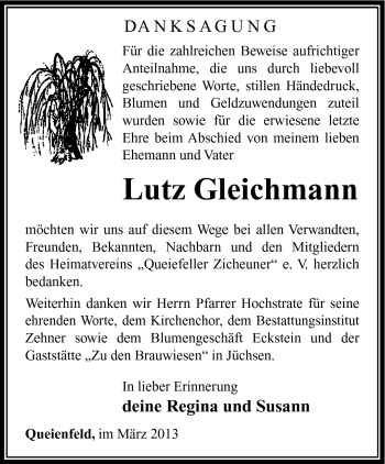 Traueranzeige von Lutz Gleichmann von Südthüringer Presse