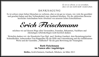 Traueranzeige von Erich Fleischmann von Südthüringer Presse