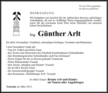 Traueranzeige von Günther Arlt von Südthüringer Presse