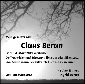 Traueranzeige von Claus Beran von Südthüringer Presse