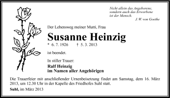 Traueranzeige von Susanne Heinzig von Südthüringer Presse