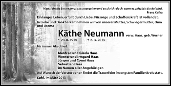 Traueranzeige von Käthe Neumann von Südthüringer Presse
