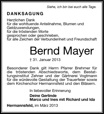 Traueranzeige von Bernd Mayer von Südthüringer Presse
