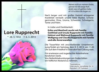 Traueranzeige von Lore Rupprecht von Neue Presse Coburg