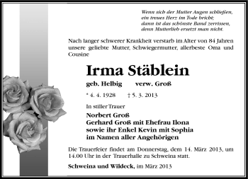 Traueranzeige von Irma Stäblein von Südthüringer Presse