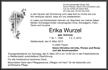 Traueranzeige von Erika Wurzel von Frankenpost