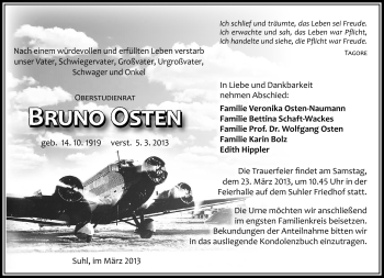 Traueranzeige von Bruno Osten von Südthüringer Presse