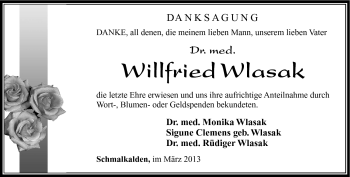 Traueranzeige von Willfried Wlasak von Südthüringer Presse
