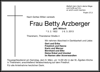 Traueranzeige von Betty Arzberger von Frankenpost