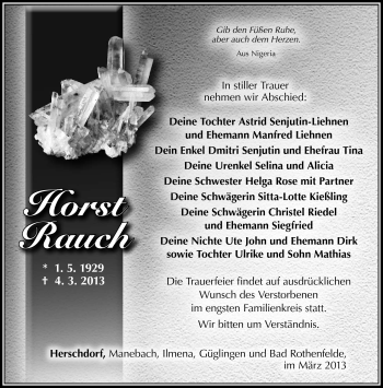 Traueranzeige von Horst Rauch von Südthüringer Presse