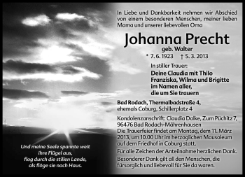 Traueranzeige von Johanna Precht von Neue Presse Coburg