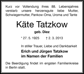 Traueranzeige von Käte Tatzkow von Südthüringer Presse