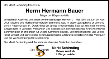 Traueranzeige von Hermann Bauer von Frankenpost