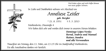 Traueranzeige von Anneliese Zeitler von Frankenpost