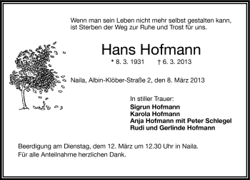 Traueranzeige von Hans Hofmann von Frankenpost
