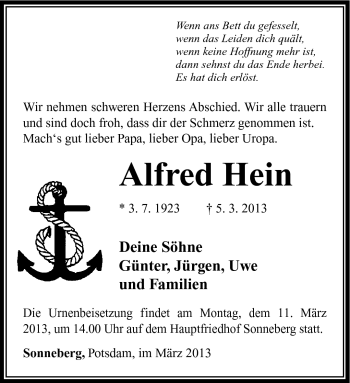 Traueranzeige von Alfred Hein von Südthüringer Presse