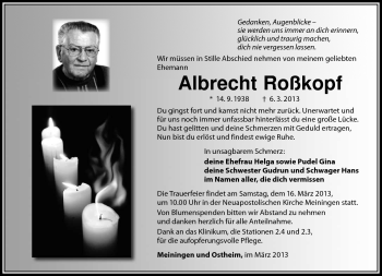 Traueranzeige von Albrecht Roßkopf von Südthüringer Presse