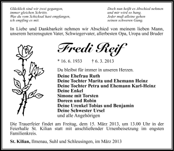 Traueranzeige von Fredi Reif von Südthüringer Presse