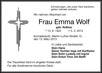 Traueranzeige von Emma Wolf von Frankenpost
