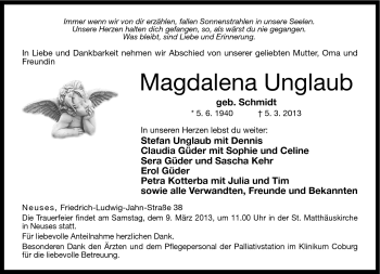 Traueranzeige von Magdalena Unglaub von Neue Presse Coburg