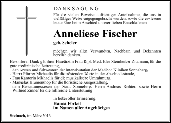 Traueranzeige von Anneliese Fischer von Südthüringer Presse