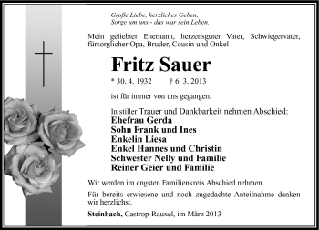Traueranzeige von Fritz Sauer von Südthüringer Presse