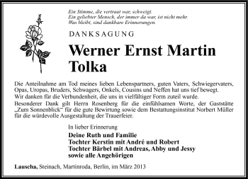 Traueranzeige von Werner Ernst Martin Tolka von Südthüringer Presse