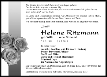 Traueranzeige von Helene Ritzman von Südthüringer Presse