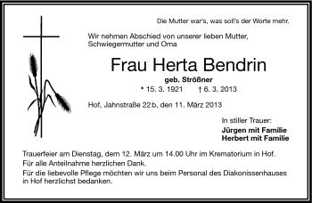 Traueranzeige von Herta Bendrin von Frankenpost