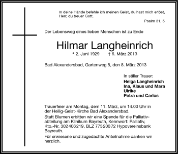 Traueranzeige von Hilmar Langheinrich von Frankenpost