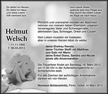 Traueranzeige von Helmut Welsch von Südthüringer Presse