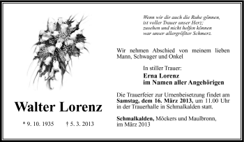 Traueranzeige von Walter Lorenz von Südthüringer Presse