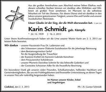 Traueranzeige von Karin Schmidt von Südthüringer Presse