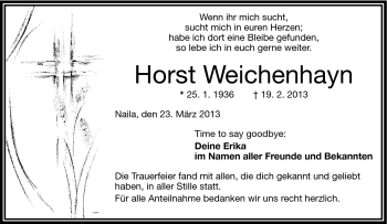 Traueranzeige von Horst Weichenhayn von Frankenpost