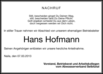 Traueranzeige von Hans Hofmann von Frankenpost