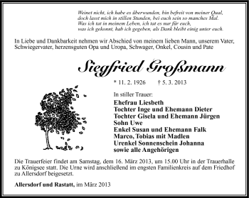 Traueranzeige von Siegfried Großmann von Südthüringer Presse