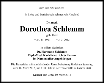 Traueranzeige von Dorothea Schlemm von Südthüringer Presse