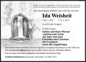 Traueranzeige von Ida Weisheit von Südthüringer Presse