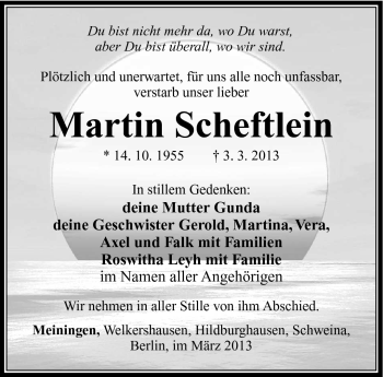 Traueranzeige von Martin Scheftlein von Südthüringer Presse