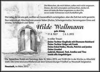 Traueranzeige von Hilde Wollmann von Südthüringer Presse