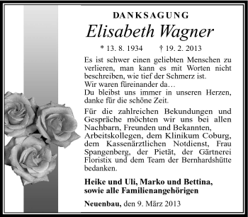 Traueranzeige von Elisabeth Wagner von Südthüringer Presse