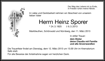 Traueranzeige von Heinz Sporer von Frankenpost