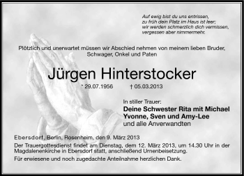 Traueranzeige von Jürgen Hinterstocker von Neue Presse Coburg